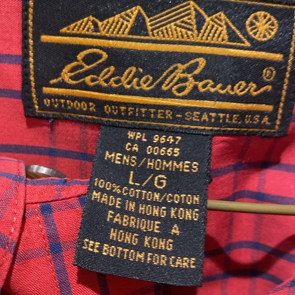 Eddie Bauer Men’s Casual Button Down Long Sleeve‎ Shirt.  Red w/Blue Stripes. - Picture 6 of 6
